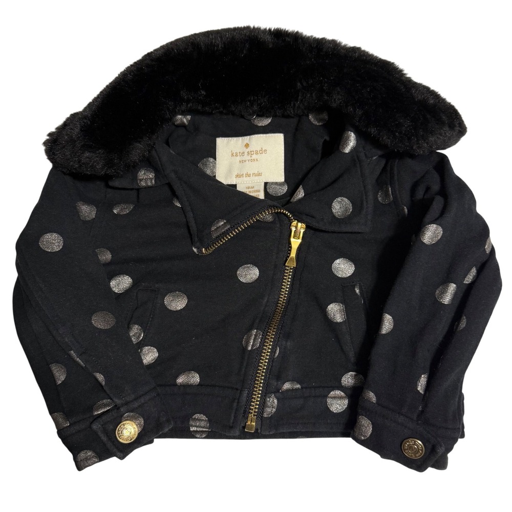 Kate Spade New York Girls Black Polka Dot Jacket Faux Fur Collar 18M